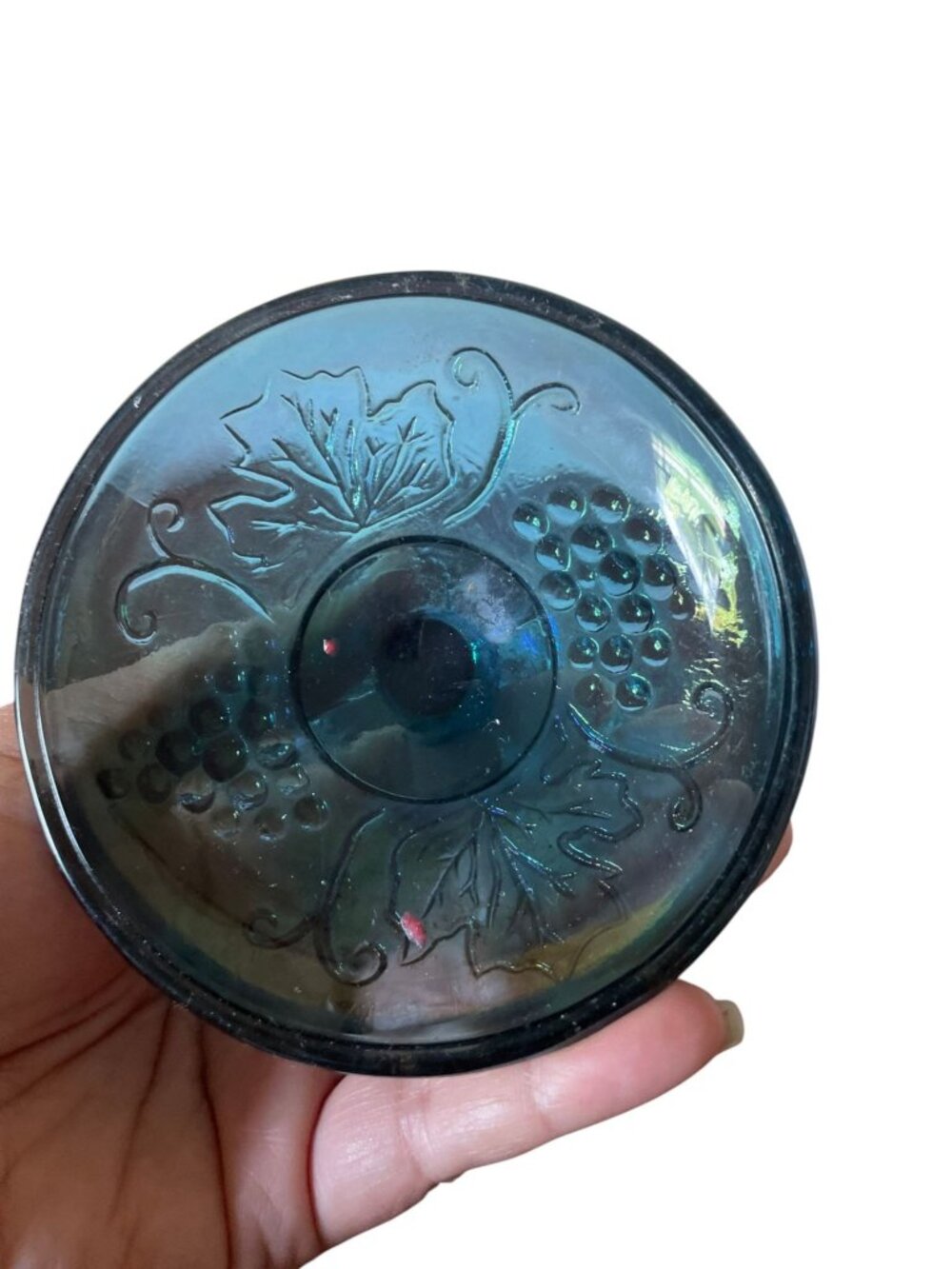Vintage Indiana Glass Blue Carnival Glass Pedestal Candy Dish with Lid – Harvest - Picture 4 of 4